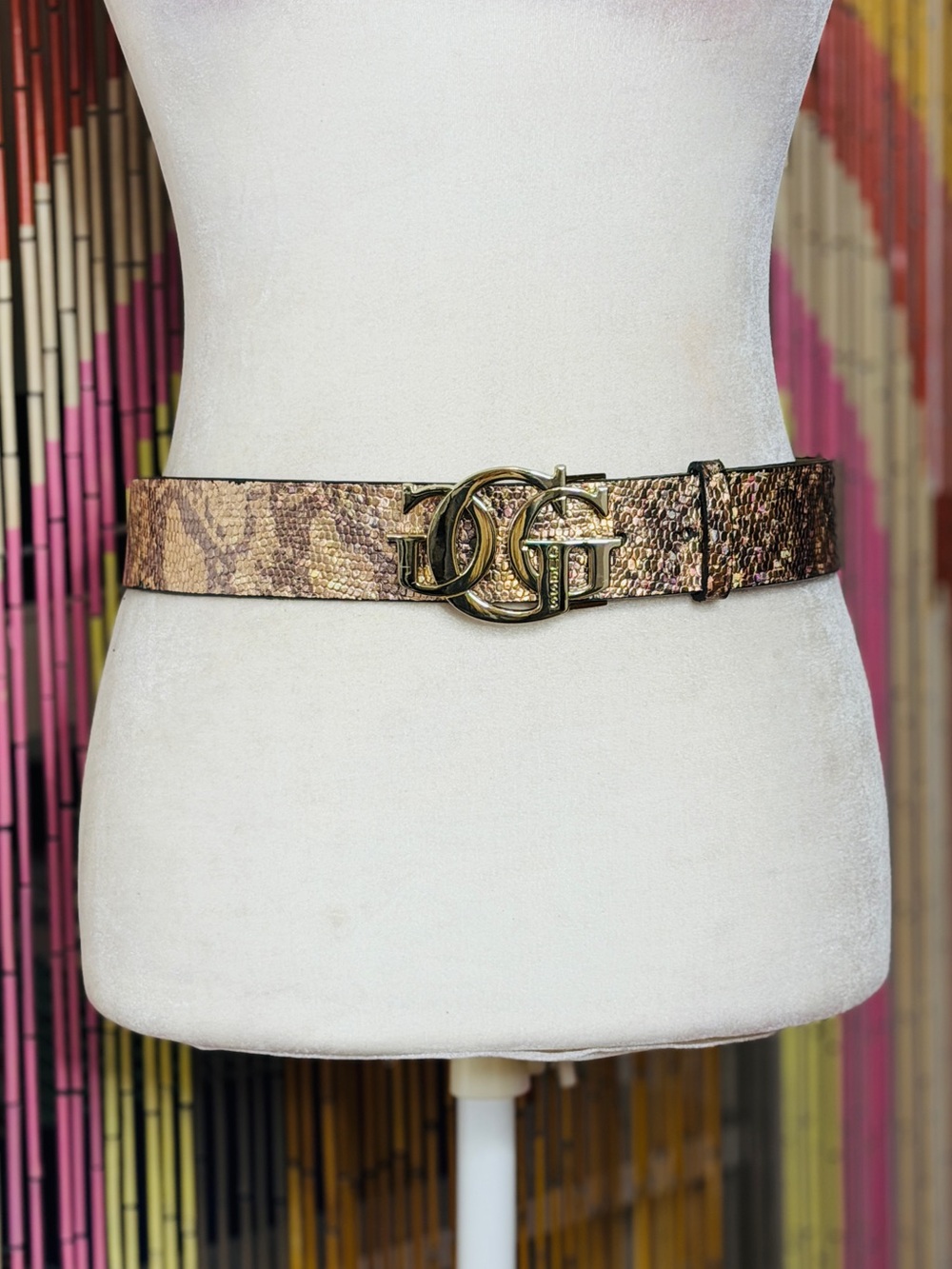 Y2K Guess Rose Gold Snakeskin Logo Buckle Belt